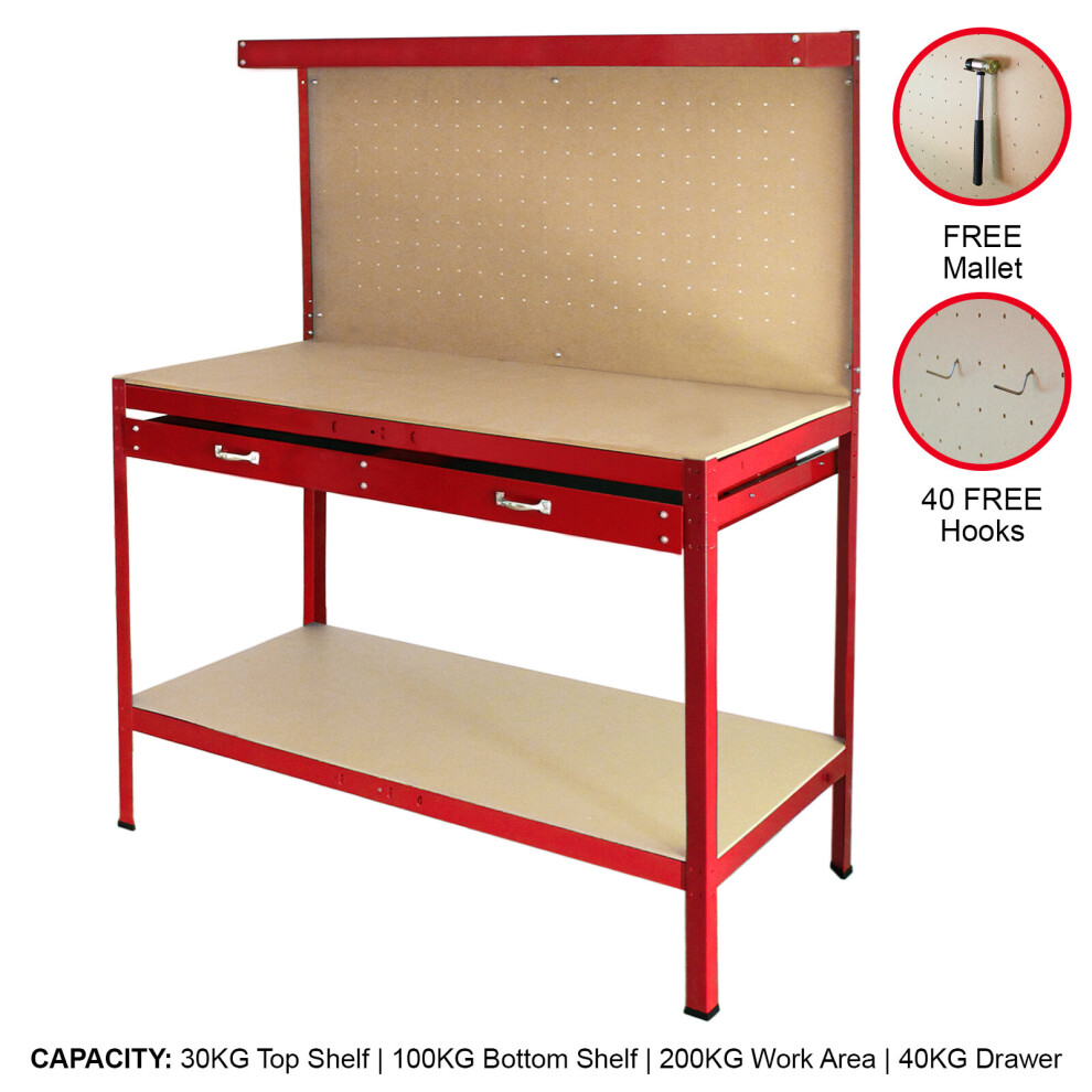 (Red) Workbench With Pegboard And Drawer Tool Garage Storage Heavy-Duty Steel Workshop DIY
