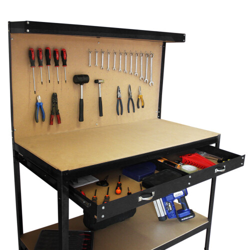 (Black) Workbench With Pegboard And Drawer Tool Garage Storage Heavy-Duty Steel Workshop DIY 1