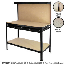 (Black) Workbench With Pegboard And Drawer Tool Garage Storage Heavy-Duty Steel Workshop DIY