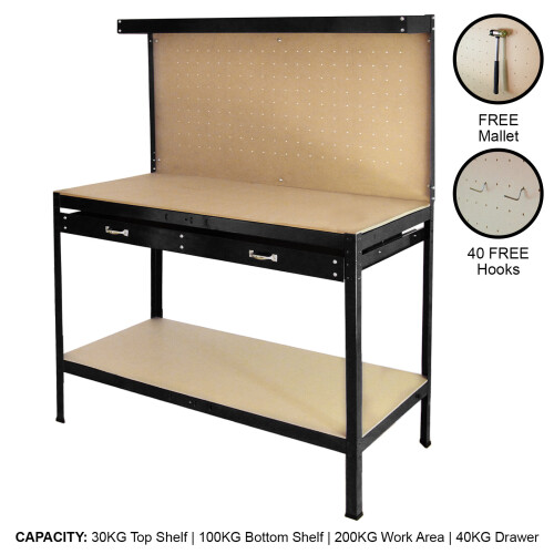 (Black) Workbench With Pegboard And Drawer Tool Garage Storage Heavy-Duty Steel Workshop DIY