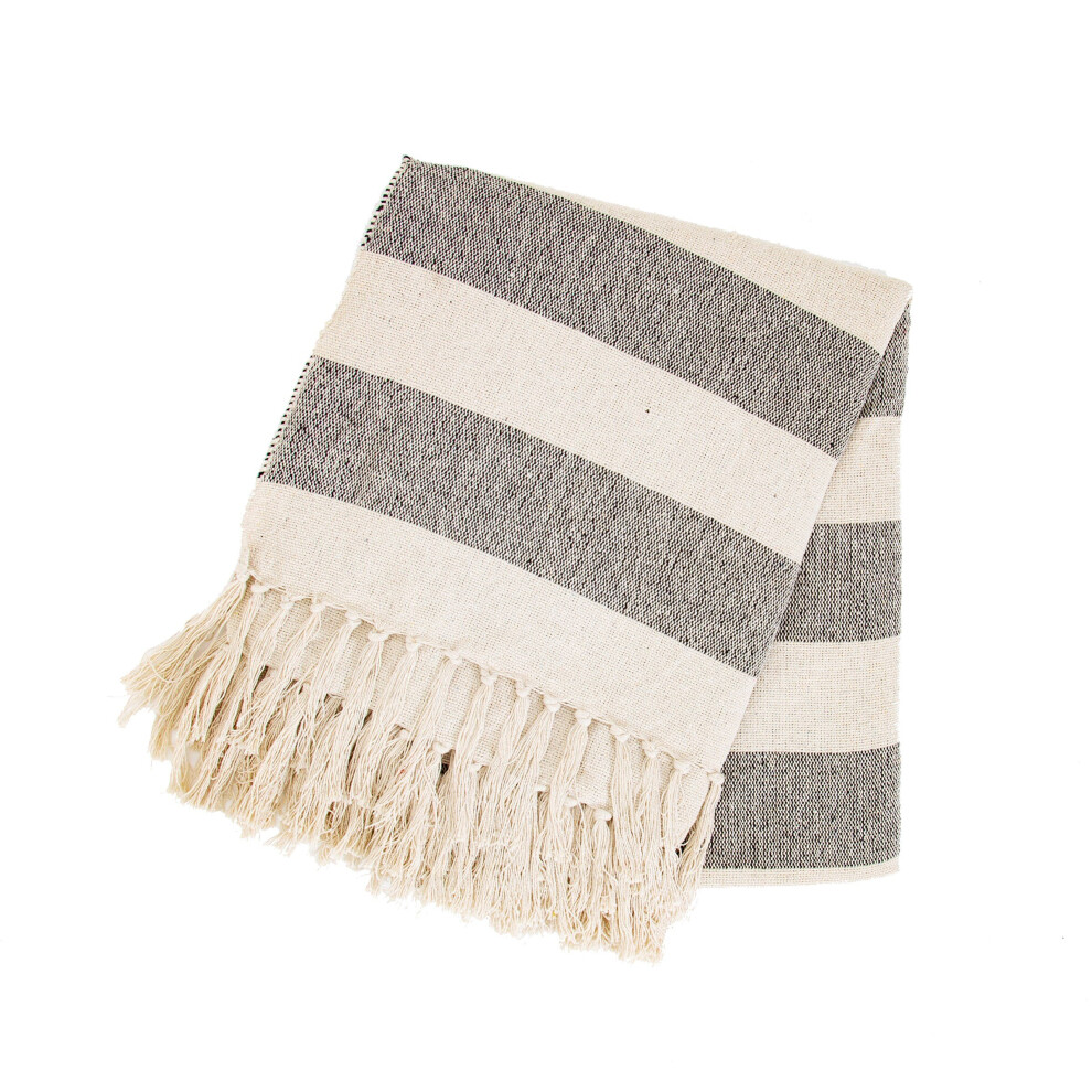 SCANDI CHIC BLACK AND CREAM STRIPED WOVEN BLANKET /THROWS 100% COTTON