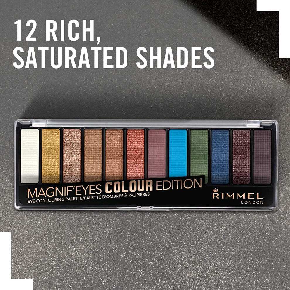 Multicoloured Rimmel Magnif'eyes 12 Pan Eyeshadow Palette, Bold Edition, High-Shimmer, Ulra-Smooth, Blendable Formula,14 G