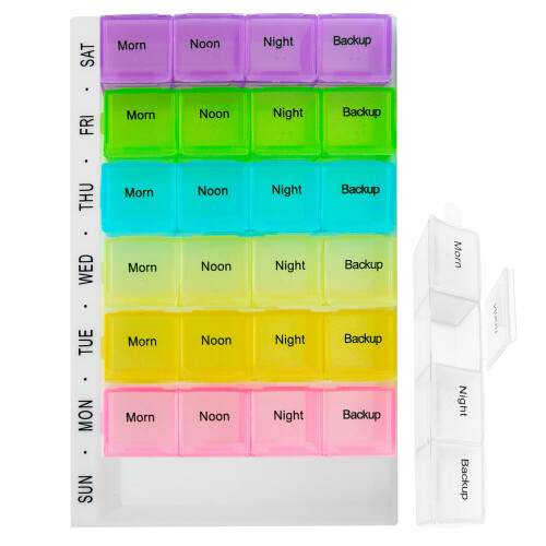 Weekly Pill Box 7 Day 28 Compartments Tablet Organiser with Labels