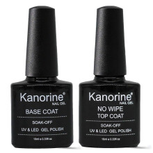 Kanorine UV LED Soak Off Gel Nail Polish Top Coat and Base Coat Set of 2 x 10ml Each(Base & No Wipe Top Coat)