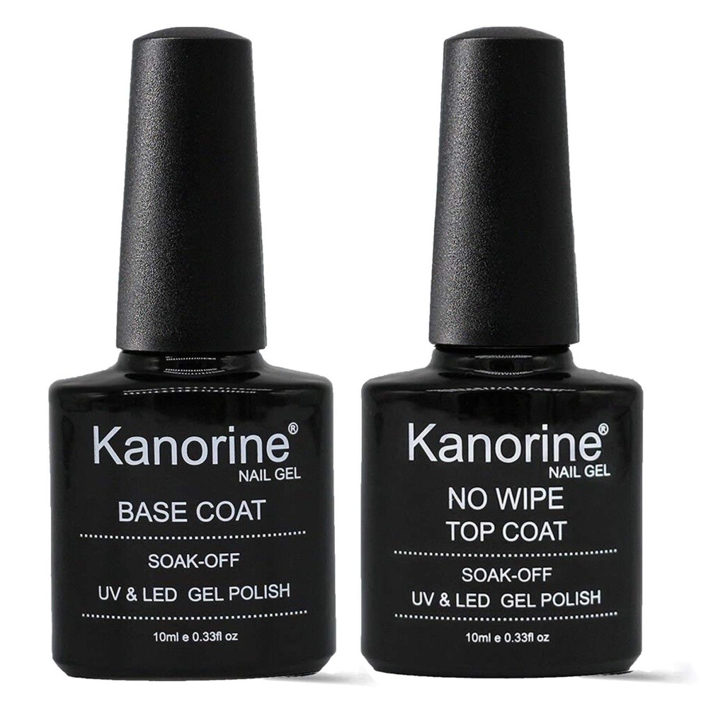 Kanorine UV LED Soak Off Gel Nail Polish Top Coat and Base Coat Set of 2 x 10ml Each(Base & No Wipe Top Coat)