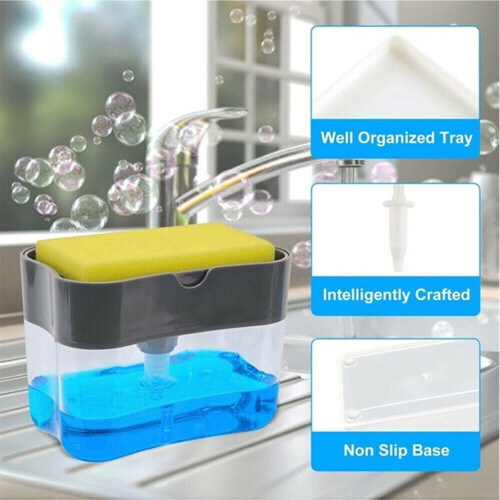 (Grey) 2 In1 Pump Soap Dispenser And Sponge Caddy For Soap Dish And Sponge Racks Kitchen