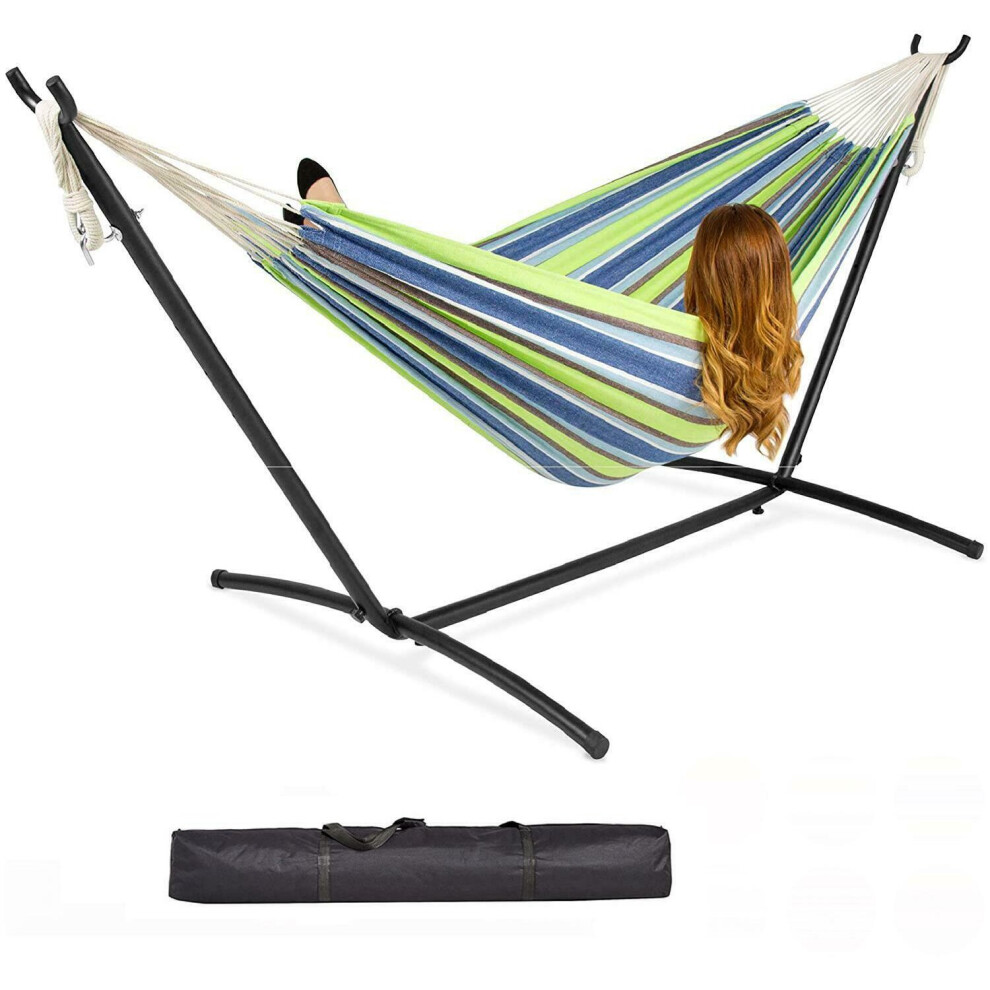 Garden Single Cotton Hammock Outdoor Swing with Space Saving Metal Stand Frame