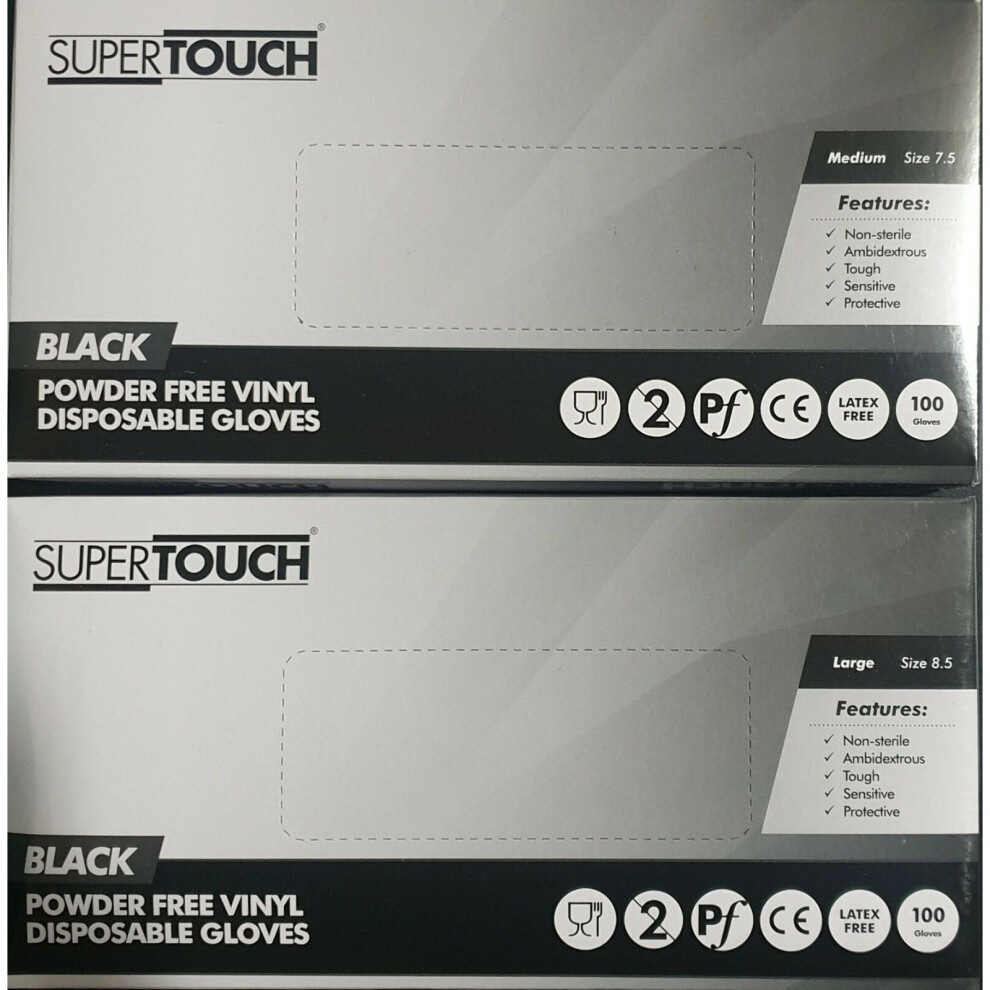 (MEDIUM 7.5) 1 BOX OF 100 SUPER TOUCH BLACK VINYL DISPOSABLE GLOVES M L POWDER FREE NON STERILE