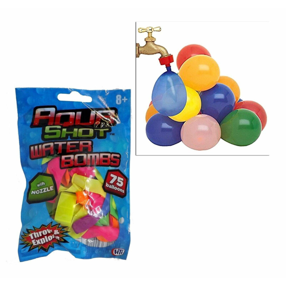 75 Aqua Shot Water Bombs Balloons Throw Explode with Fun Easy Fill Nozzle Kids