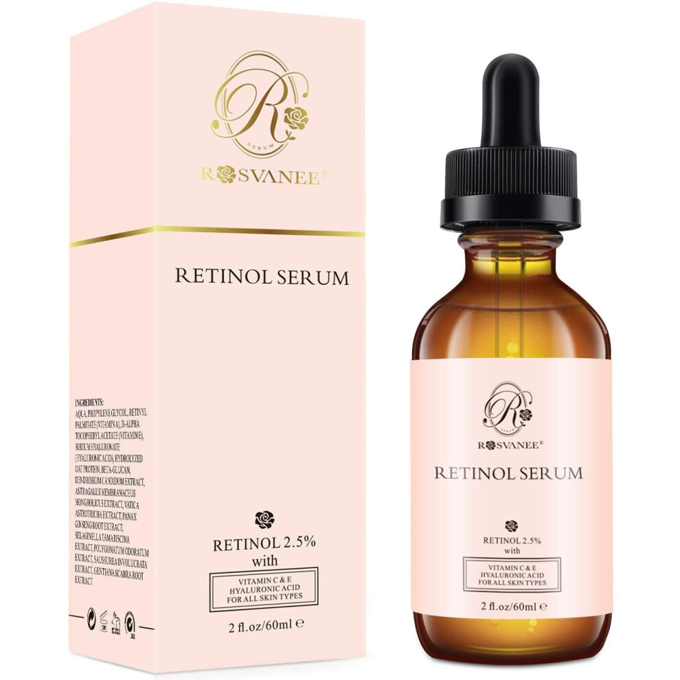 ROSVANEE Retinol Serum for Face 60ml - High Strength with 2.5% Retinol, Hyaluronic Acid, Vitamin C & E