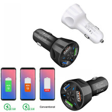 (White) QC 3.0 Fast Charging 3-Port USB Car Charger Adapter LED Display for Cellphone