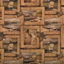 Designer Fabrics A001 54 in. Wide , Rustic Cabin Scene With Fishing Boat, Chair And Acorns, Themed Tapestry Upholstery Fabric