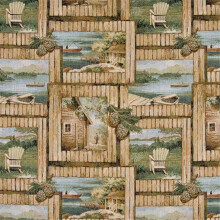 Designer Fabrics A002 54 in. Wide , Cabin Scene With Fishing Boat, Chair And Acorns, Themed Tapestry Upholstery Fabric