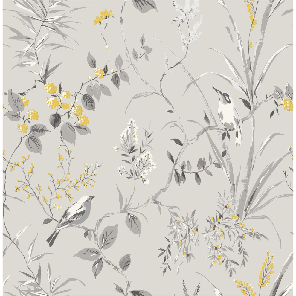 Fine Decor Mariko Floral Birds Wallpaper Grey Yellow Metallic Flower Shimmer 5010213017028
