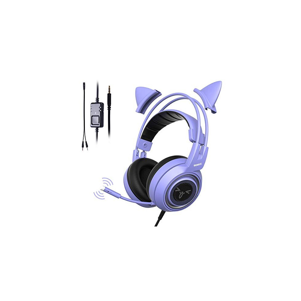 SOMIC G951S Purple Stereo Gaming Headset with Mic for PS4 Xbox One PC Phone Detachable Cat Ear 3 5MM Noise Reduction Headphones Lightweight Computer G