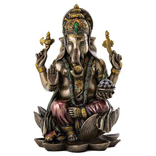Top Collection Ganesh Statue Sitting on Lotus Pedestal Lord of Success Sculpture in Premium Cold Cast Bronze with Colored Accents 7 25 Inch Collectibl