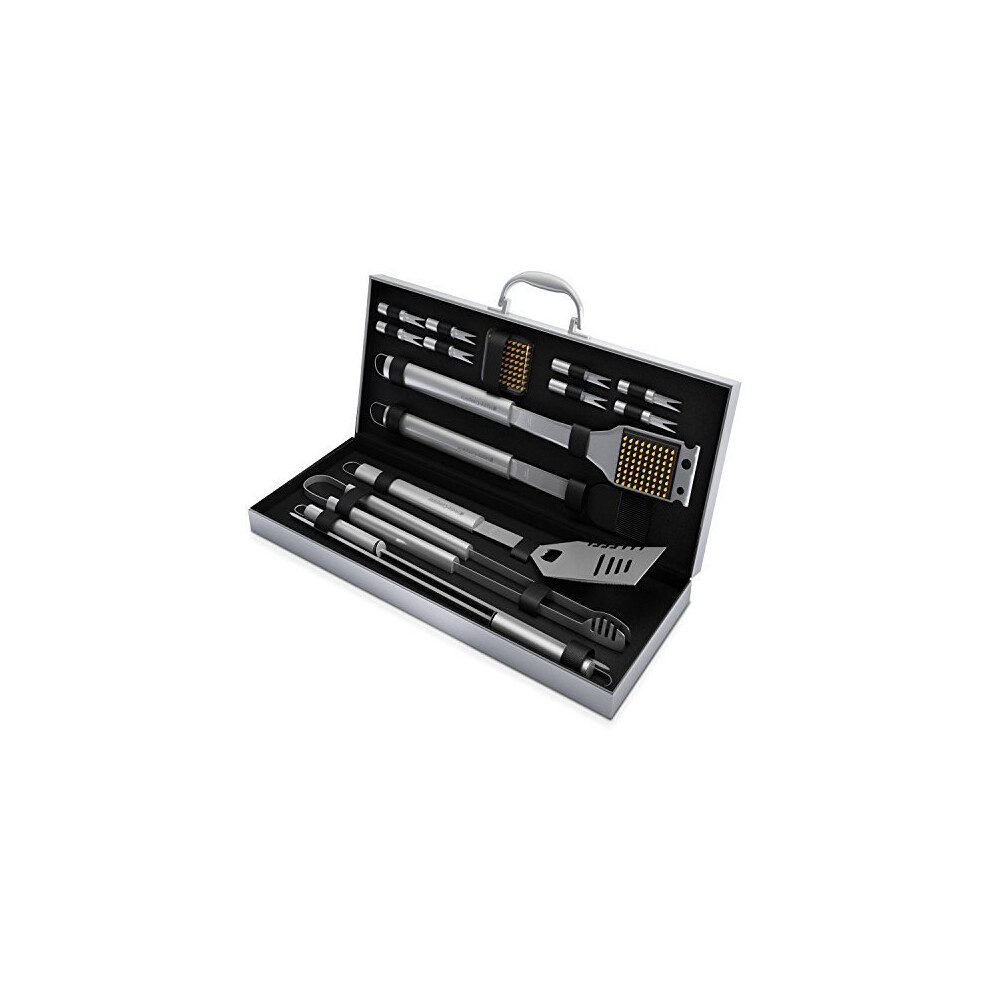Home Complete BBQ Grill Tool Set 16 Piece Stainless Steel Barbecue Grilling Accessories with Aluminum Case Spatula Tongs Skewers