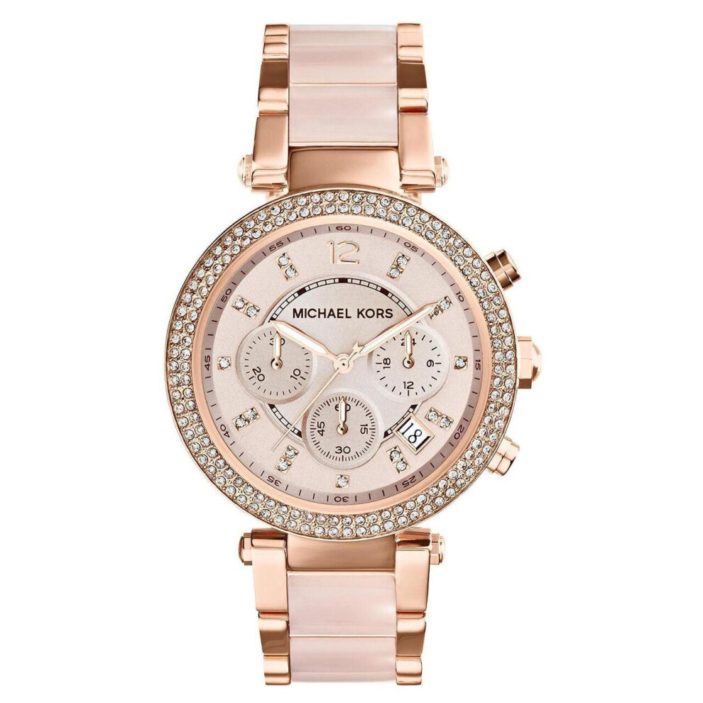 Montre Michael Kors MK5896 Parker pour femme – cadran blush, cristaux Swarovski, or rose, chronographe, 100 m étanche