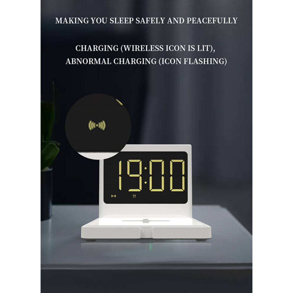 LED Smart Alarm Clock Time Wireless Charger -White