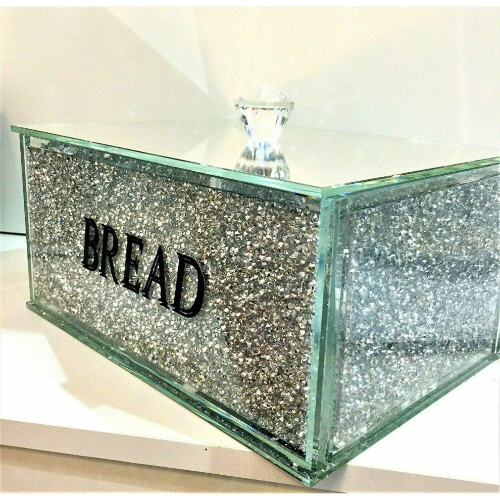 XXL Silver Crushed Diamond Crystal Mirror Bread Bin Container Kitchen