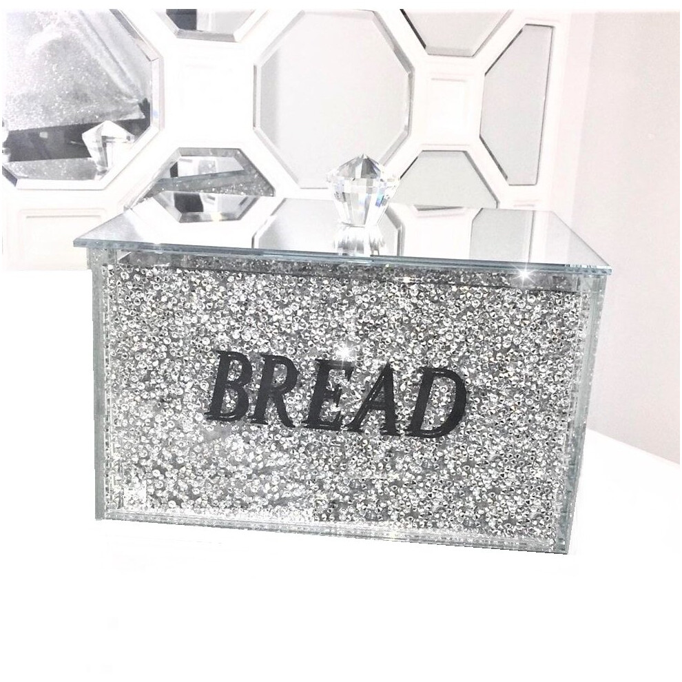 Silver Crushed Diamond Crystal Mirrored Bread Bin Container Kitchen