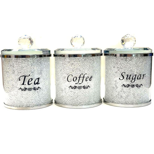 Crushed Diamond Tea Coffee Sugar CANISTERS Jars Storage WhireCrystal on