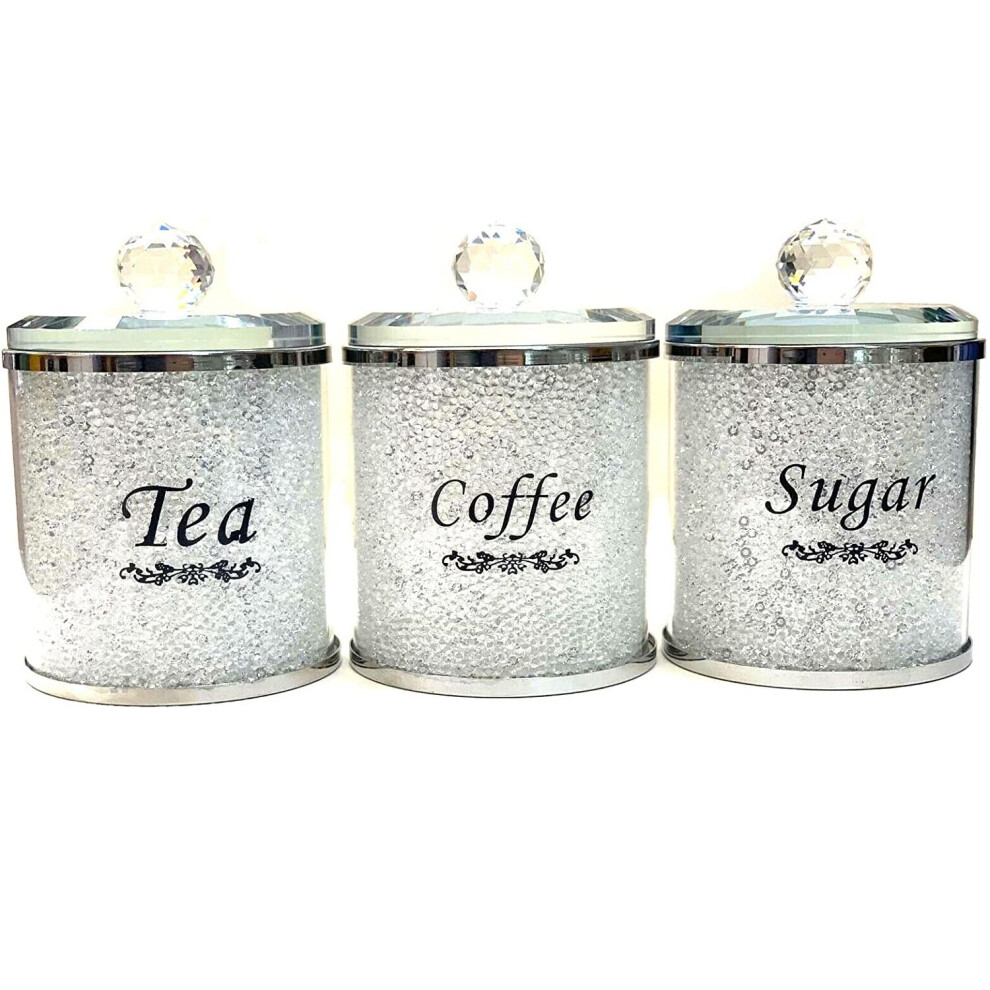 Crushed Diamond Tea Coffee Sugar CANISTERS Jars Storage WhireCrystal