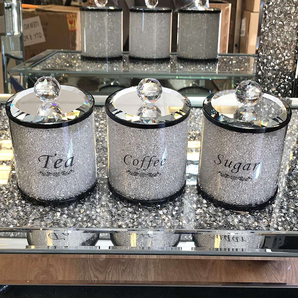 Crushed Diamond Tea Coffee Sugar CANISTERS Jars Storage White Crystal