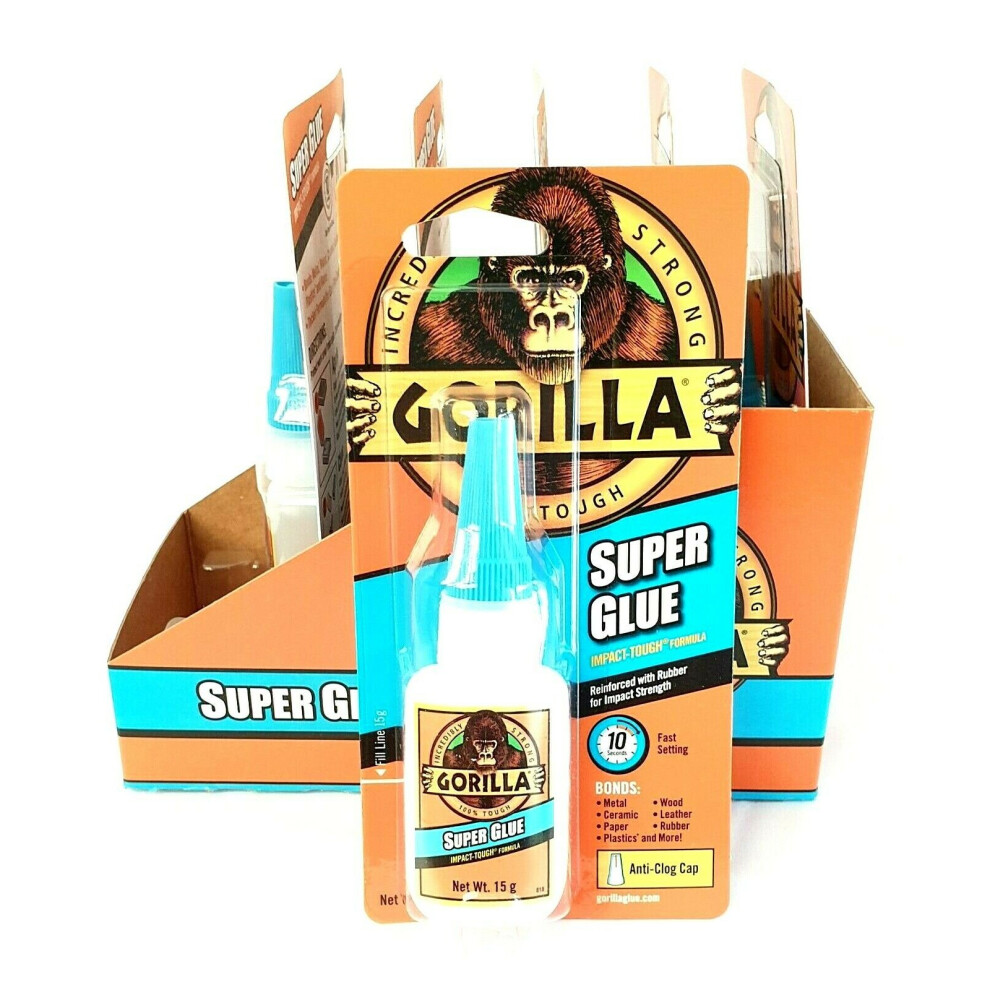 6 Pcs Gorilla Super Glue 15G Impact Tough Fast Setting Adhesive Bond Bulk Box Bonds: Metal, Wood, Ceramic, Leather, Paper, Rubber, Plastics Etc.