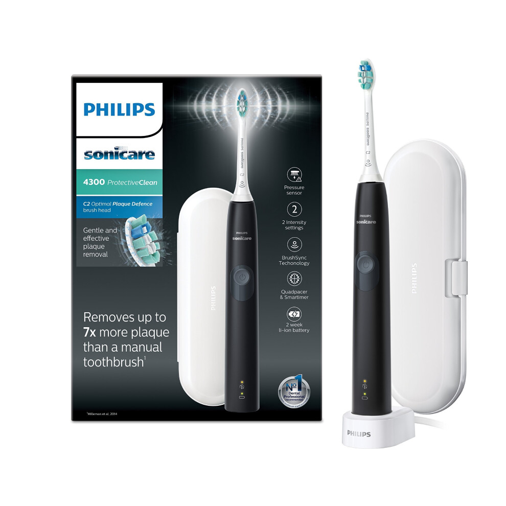 Philips Sonicare ProtectiveClean 4300 Electric Toothbrush with Travel Case - Black (UK 2-pin Bathroom Plug) - HX6800/03