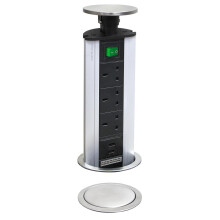 Pop-Up Socket with 2 USB Charging Port, Stainless Steel Top, 3 UK Plug Sockets