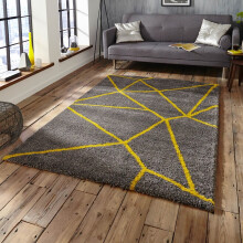 (120x170cm) Royal Nomadic 5746 Rugs in Grey Yellow Shaggy Thick Soft Abstract Diamond Carpets