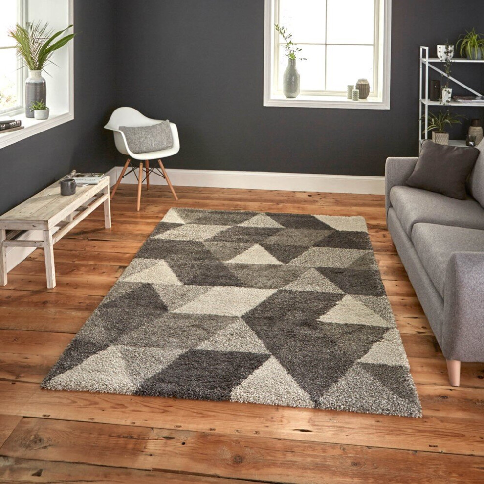 (120x170cm) Modern Royal Nomadic 7611 Geometric Rugs in Grey Shaggy Thick Soft Carpets
