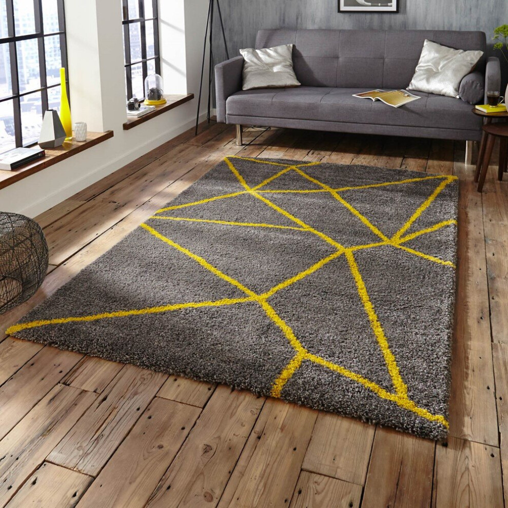 (160x220cm) Royal Nomadic 5746 Rugs in Grey Yellow Shaggy Thick Soft Abstract Diamond Carpets