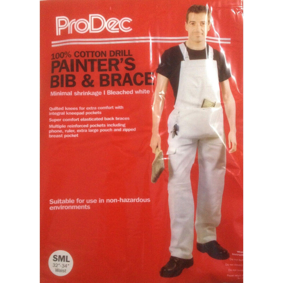 (L) ProDec Painters Bib and Brace Overalls White With Pouch Decorators Coveralls