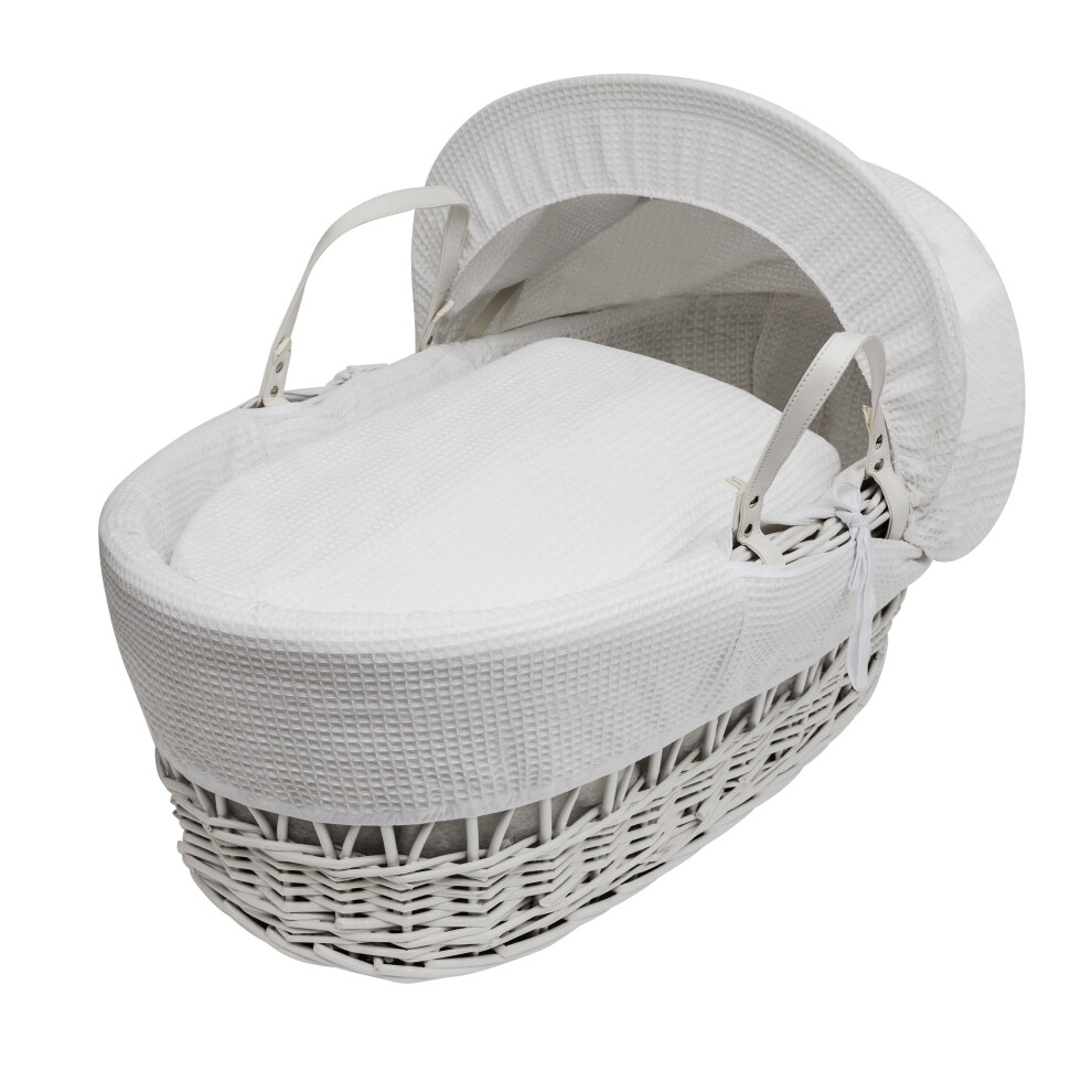 White Waffle White Wicker Moses Basket With Mattress & Padded Liner