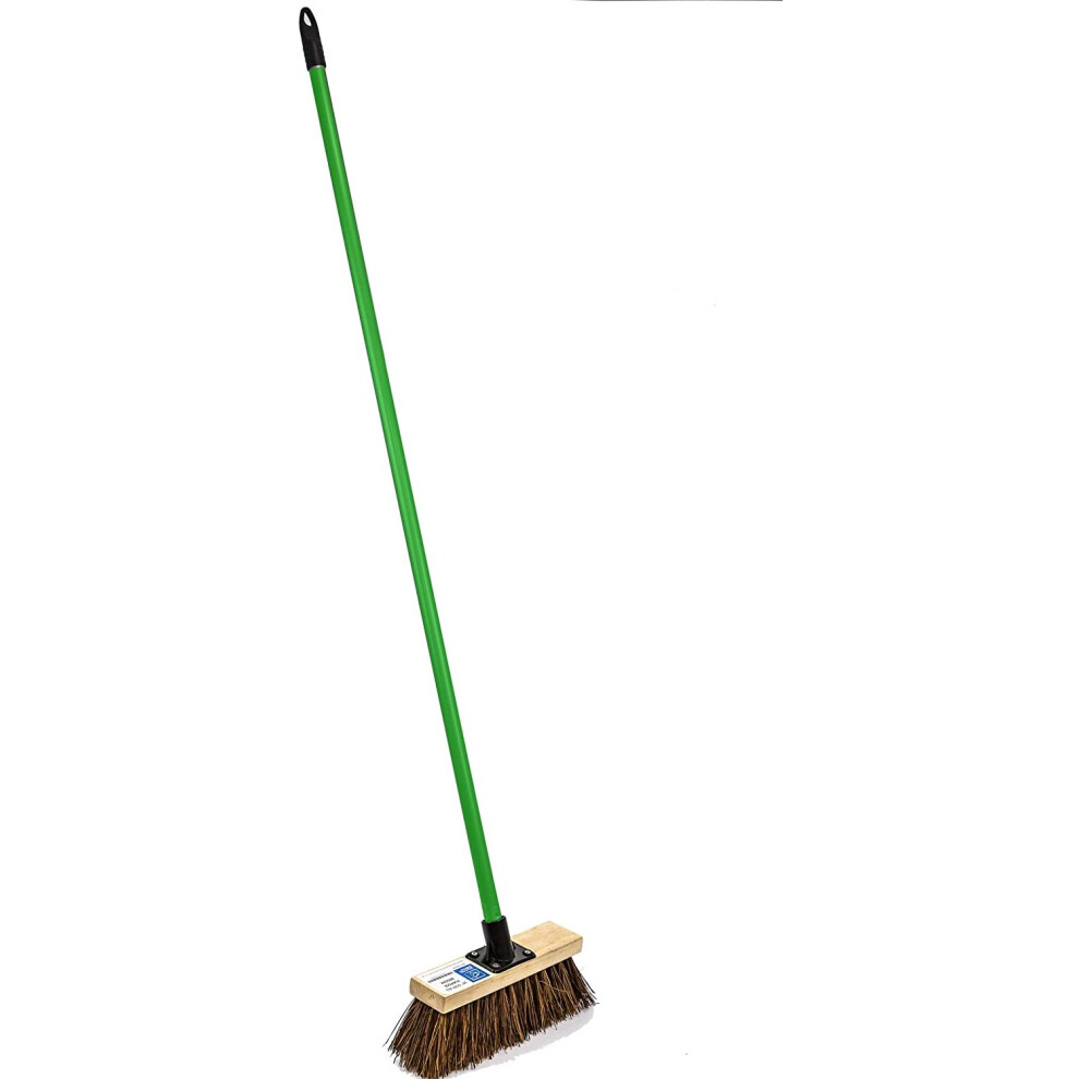 Stiff Garden Sweeping Brush Outdoor Broom 10 Inch Wide Natural Bassine Hard Bristle  with Wooden Head and Screw Fit Metal Handle