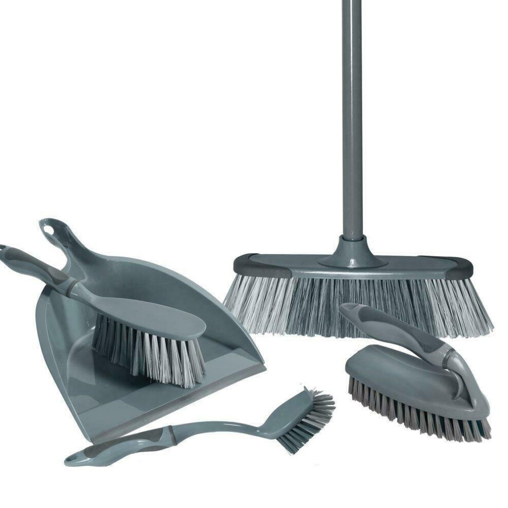 5PC Cleaning Set Dustpan, Broom, Dish Brush, Pole, Scrubbing Brush in Grey Colour