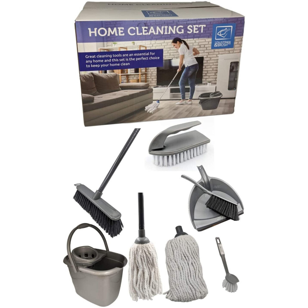 Home Cleaning Kit Complete Mop Bucket Set with Mop & Refill Plus Soft Indoor Broom, Dustpan and Brush Set, Dish Brush and Scrubbing Brush