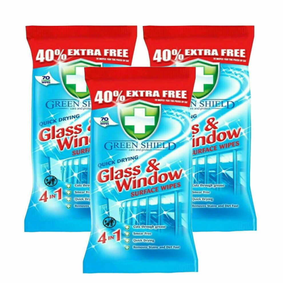 Shield 3 X 70 Glass & Window Surface Wipes - 4In1 Wipes Green