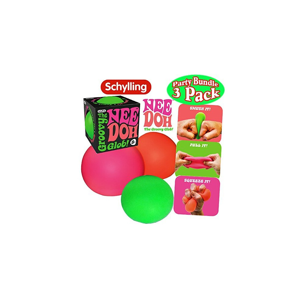 Schylling NeeDoh The groovy glob! Squishy, Squeezy, Stretchy Stress Balls green, Orange & Pink complete gift Set Party Bundle - 3 Pack