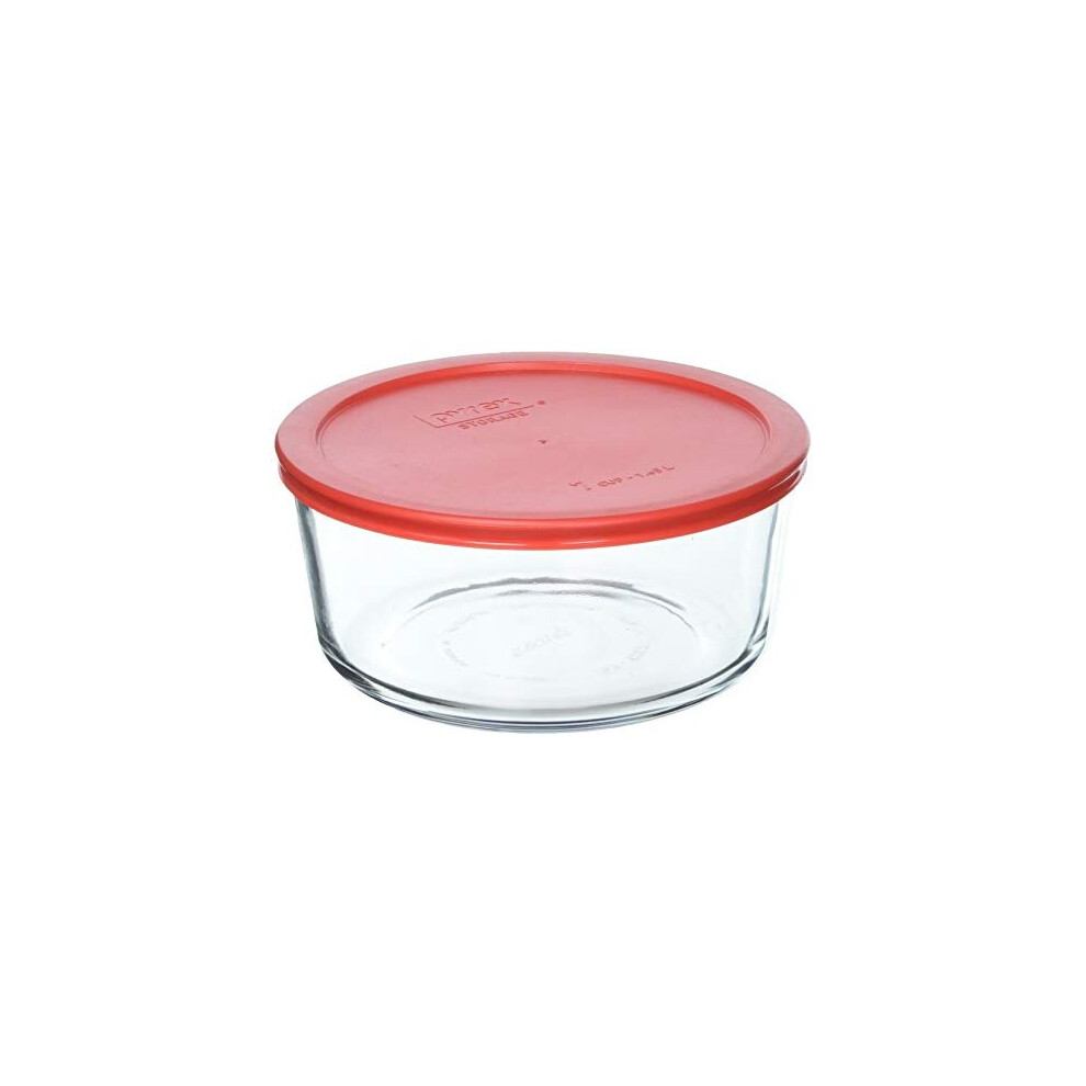 Pyrex cOMINHKR090077 7 cup Storage capacity Plus Round Dish with Plastic cover Sold in Packs of 4, Pack of 4, red