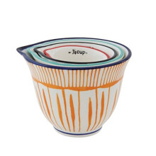 Creative Co-Op Hand Stamped Striped Stoneware Measuring Cups (Set of 4 Sizes/Designs)