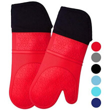 HOMWE Extra Long Silicone Oven Mitts (1 Pair) - 14.7-inch Heat-Resistant to 450F, Quilted Liner, FDA-Approved Silicone, Red