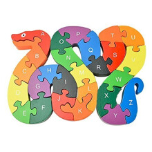 Animal Wooden Puzzle, Building Blocks Puzzles Alphabet Jigsaw Puzzle Preschool Learning Educational Toy Blocks Set Gifts - Snake & Elephant