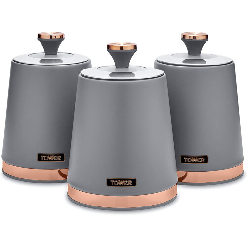 Tower T826131GRY Cavaletto Set of 3 Storage Canisters, Grey/Rose Gold