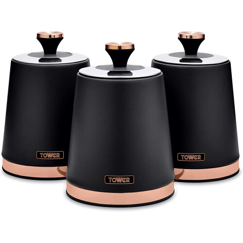 Tower T826131BLK Cavaletto Set of 3 Storage Canisters, Black/Rose Gold