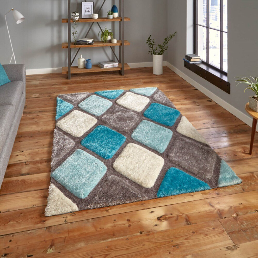 (120x170cm) Noble House Rugs NH9247 Grey Blue Textured 3D Effect Hand Carved Geometric Mats