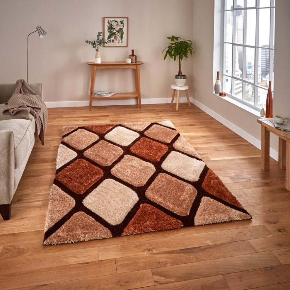 (150x230cm) Noble House Rugs NH9247 Beige Brown Textured 3D Effect Hand Carved Geometric Mats