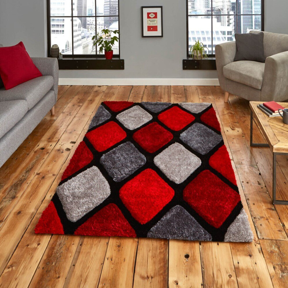 (120x170cm) Noble House Rugs NH9247 Grey Red Textured 3D Effect Hand Carved Geometric Mats